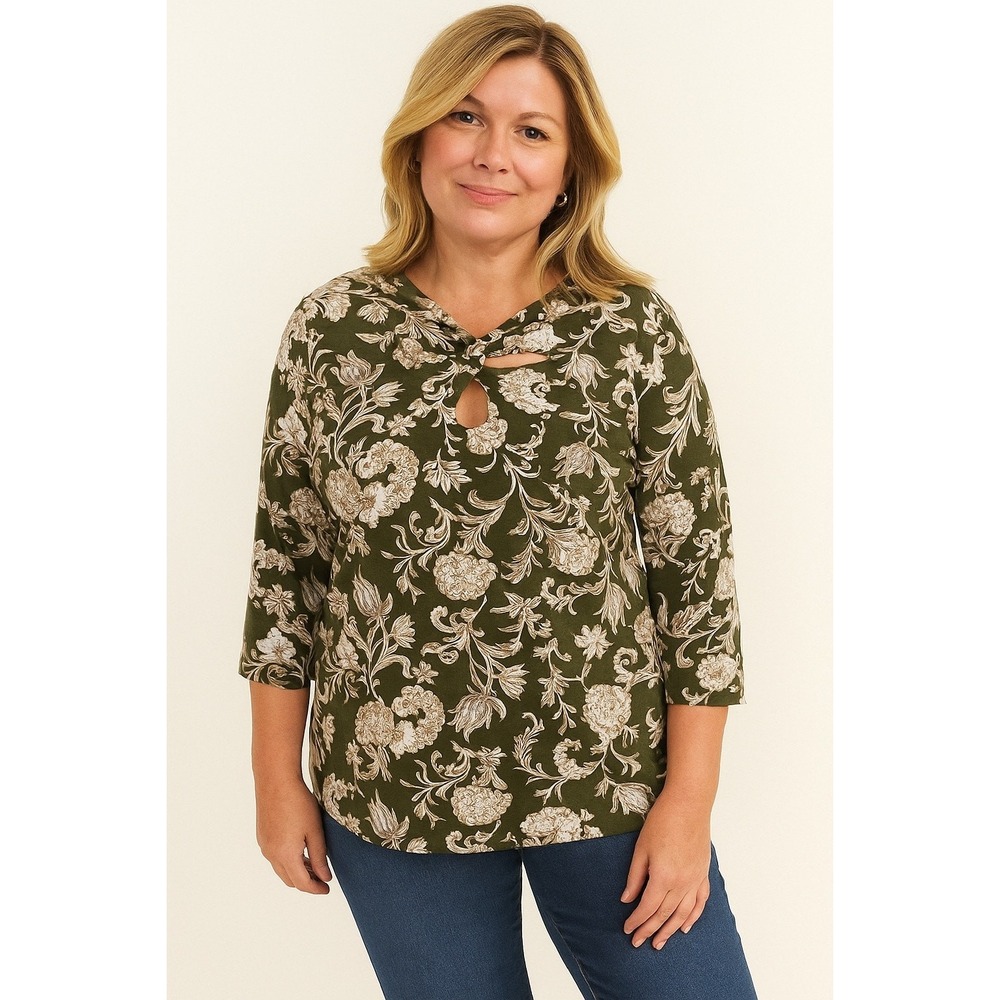 Chico's‎ Green Floral 3/4 Sleeve Stretchy Twisted Detail Pullover Blouse Size L